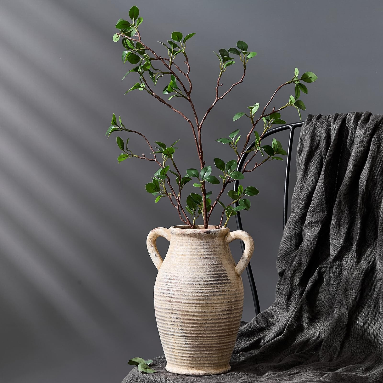 Large Ceramic Rustic Vase with 2 Handles, 9.8 inch Whitewashed Terra Cotta Va…