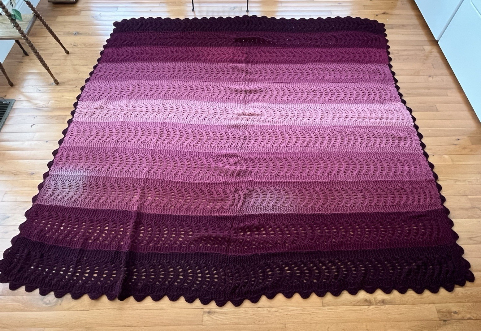 Vintage Knit Crochet Burgandy Violet Rose Afgan Throw Blanket Large 75 x 73