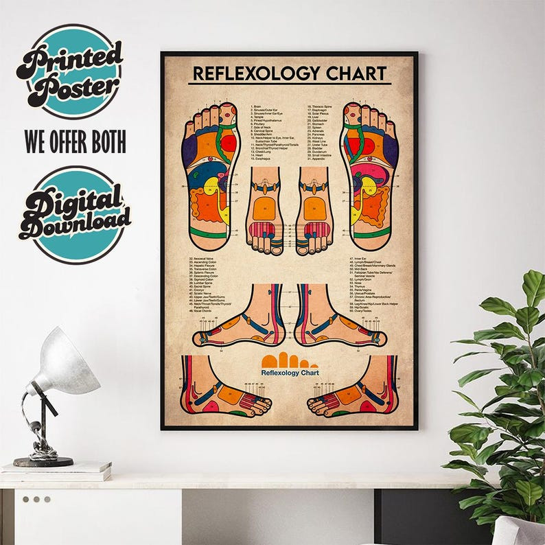 Reflexology Foot Chart Poster Massage Therapy Wall Art Anatomy Guide