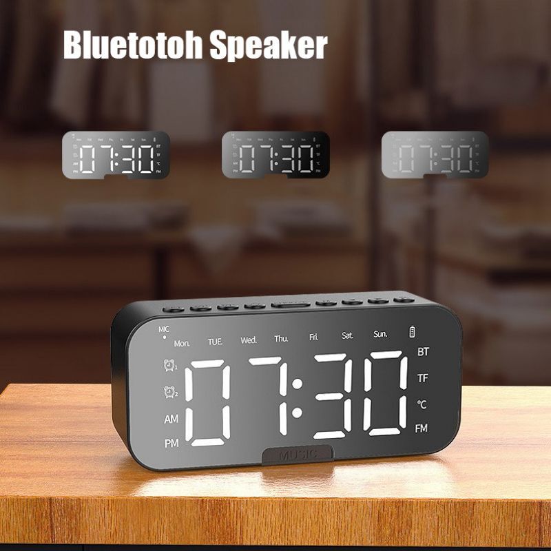 Portable Digital Alarm Clock FM Radio Wireless Bluetooth Mirror LED With Speaker