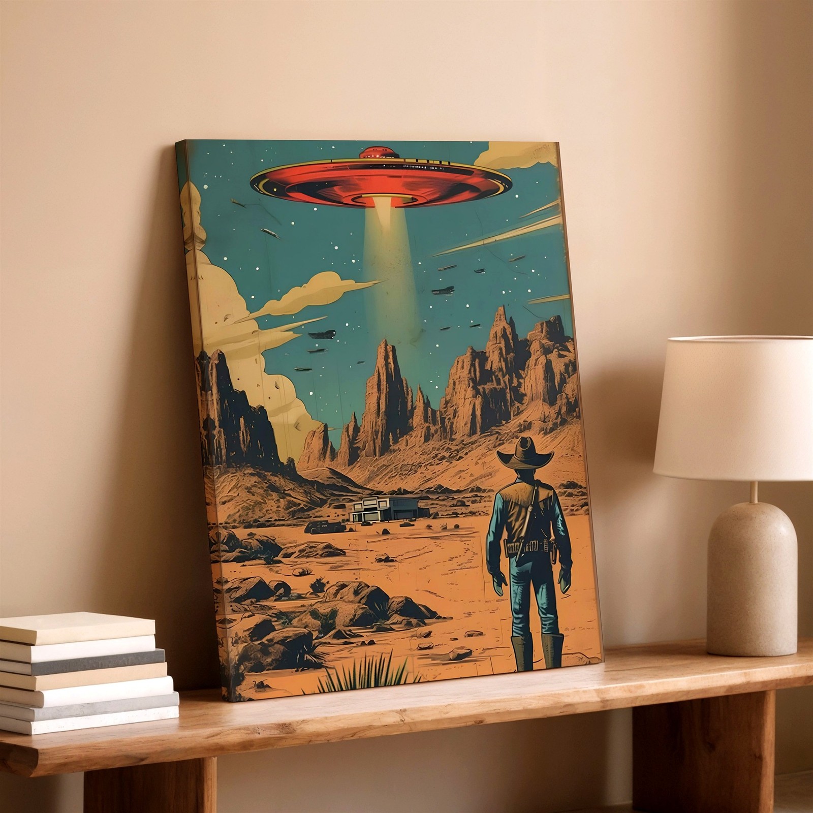 Wall Art Retro Sci Fi Desert Cowboy UFO Spaceship Poster Western Landscape Print