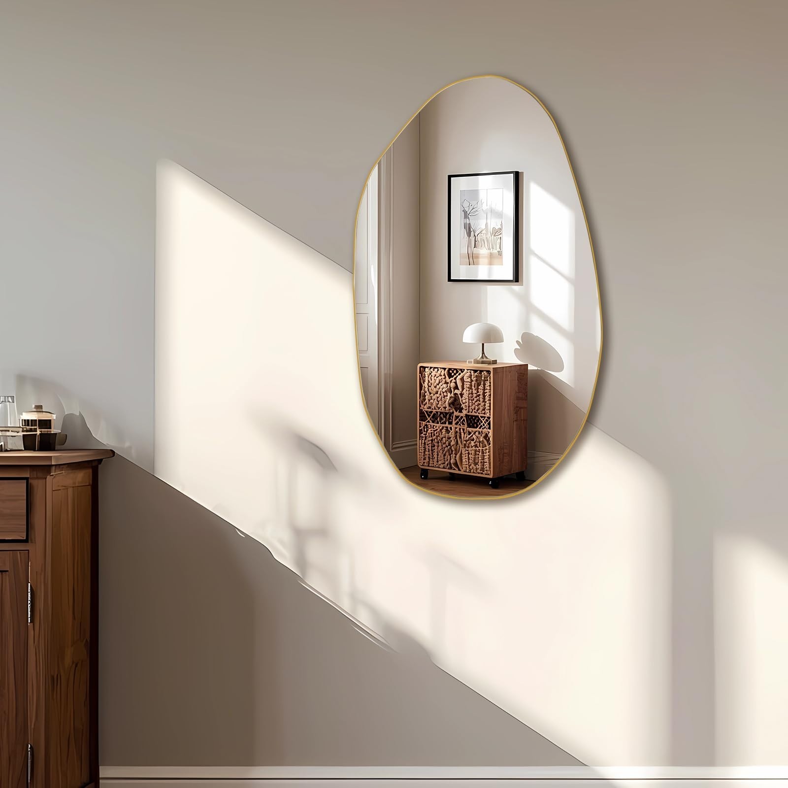Asymmetrical Decorative Wall Mirror – Gold Wood Framed, 19.5″ x 33.5″, Bathroom,
