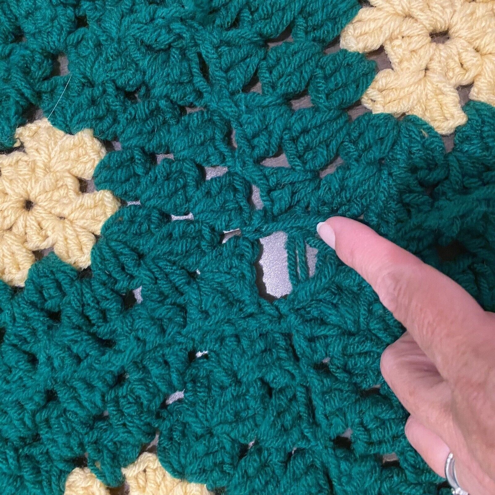 Handmade Crochet Afghan Blanket Granny Square Green Yelllow Boho Vintage Throw
