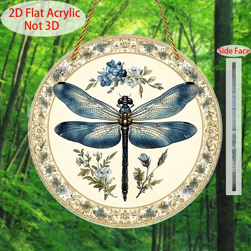 Vintage Blue Dragonfly Blue White Floral Ornate Rim Acrylic Suncatcher Decor