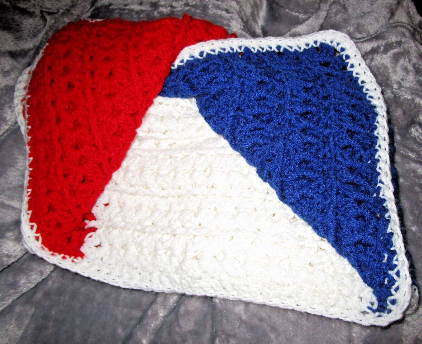 Vtg Handmade Red White & Blue Colorblock Crochet Wheelchair Lap Blanket 40×47