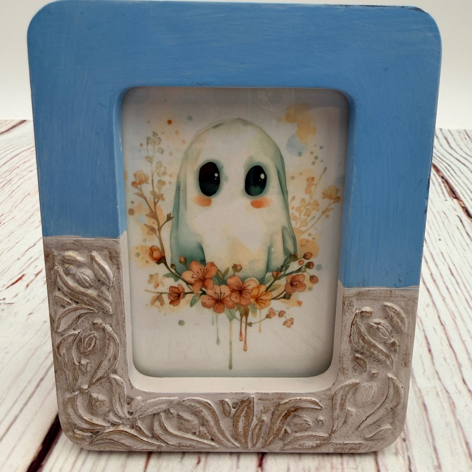 Original Cute Ghost Floral Art in Blue Thrifted Weston Gallery Frame 4×5