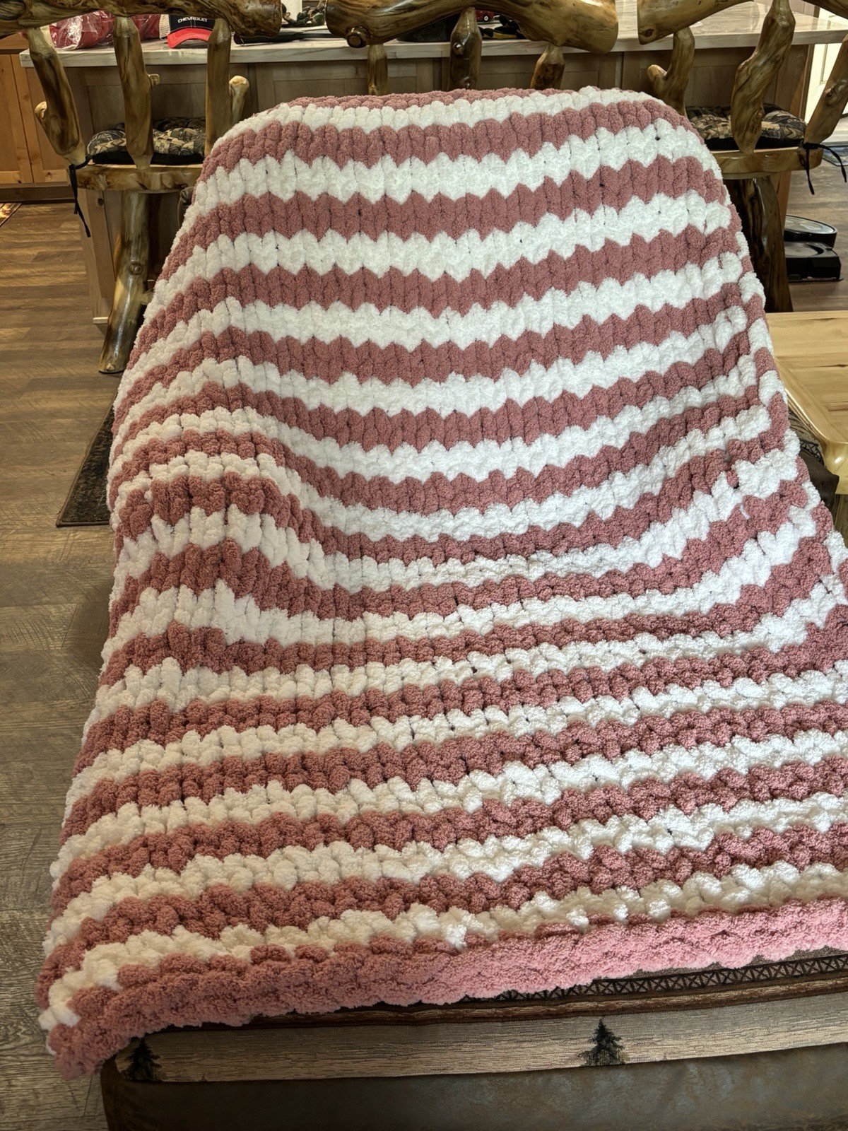 Textured Knitted Striped Sofa Throw Blanket, Pink & White, Large Rectangle