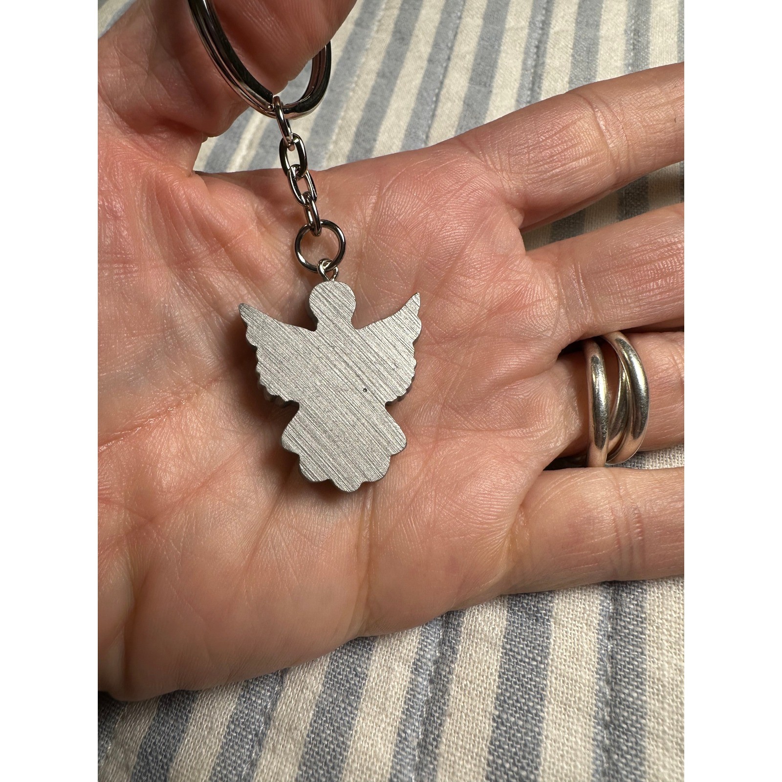 Silver Tone Guardian Angel Keychain Rhinestone Accent Spiritual Charm Bag Clip