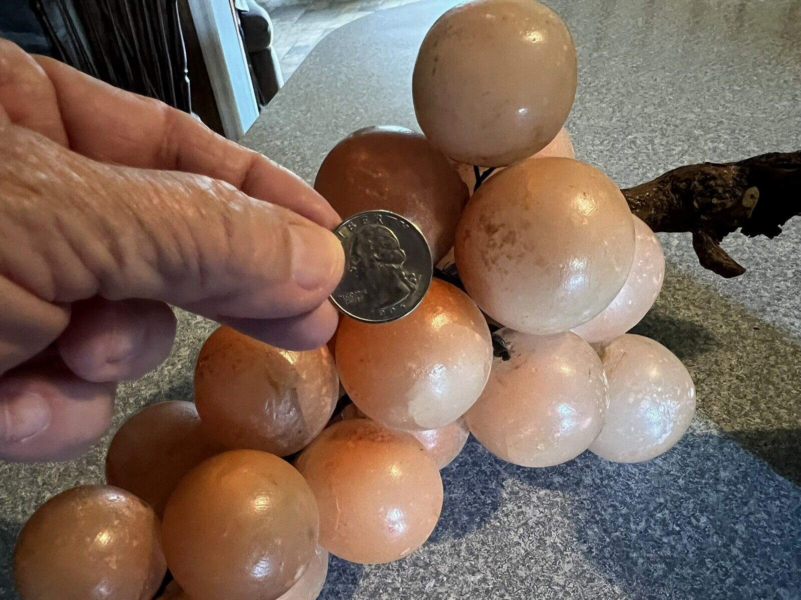 Huge MCM Vintage ITALIAN STONE ALABASTER Bunch of GRAPES 5 3/4 lb Wood Stem
