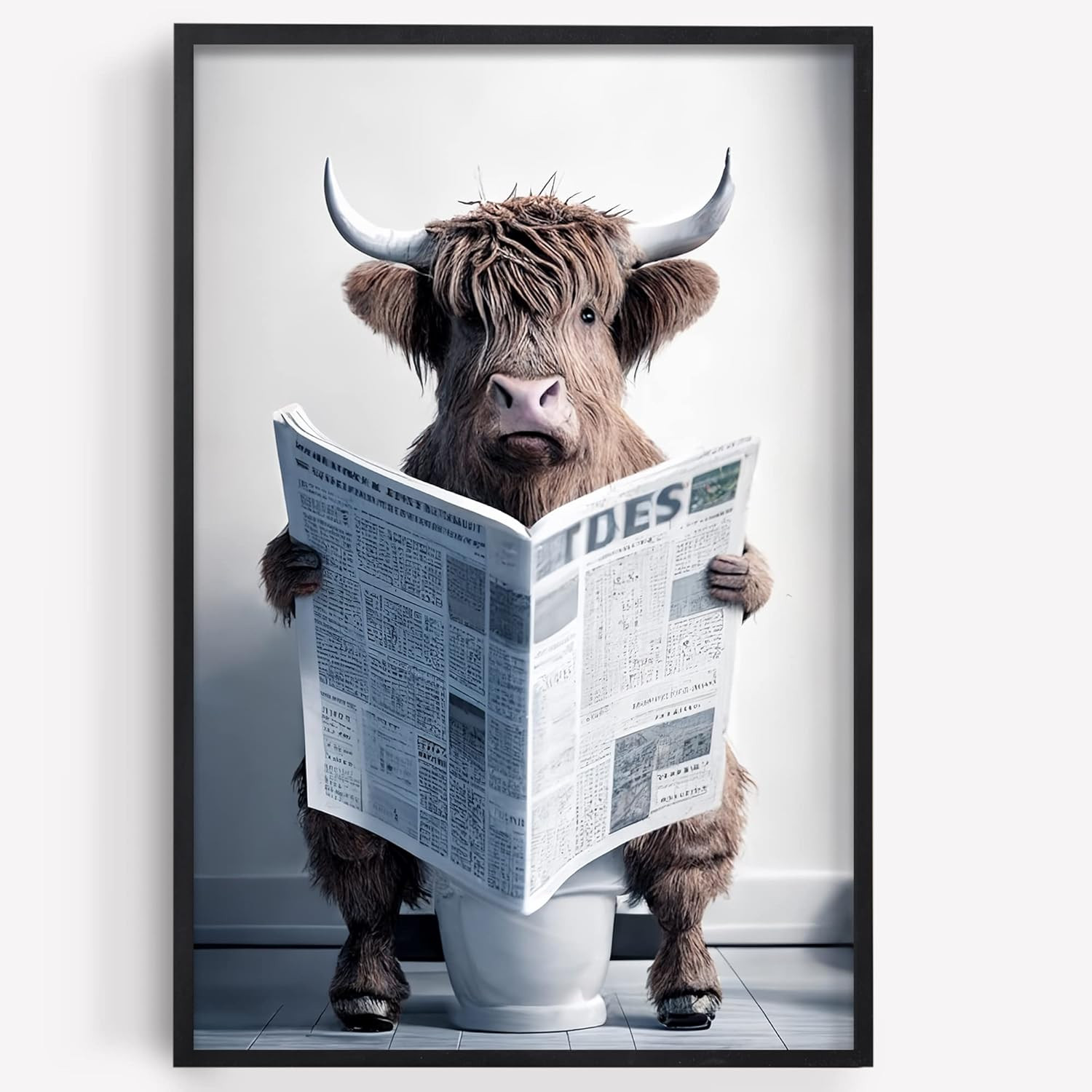 Funny Highland Cow Wall Art Canvas Bathroom Picture, Humor Animals Bathroom Artw