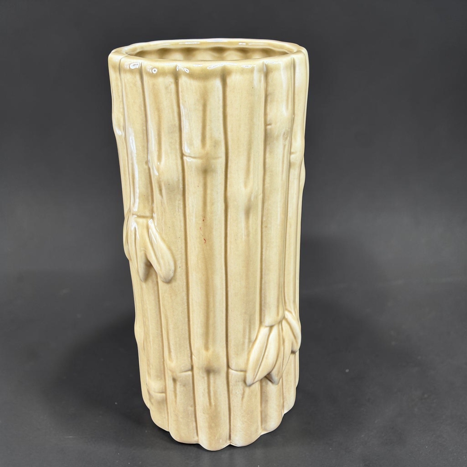 Vintage Ceramic Bamboo Vase Glossy Tan Tropical Boho Decor 6.5 Inch Tall