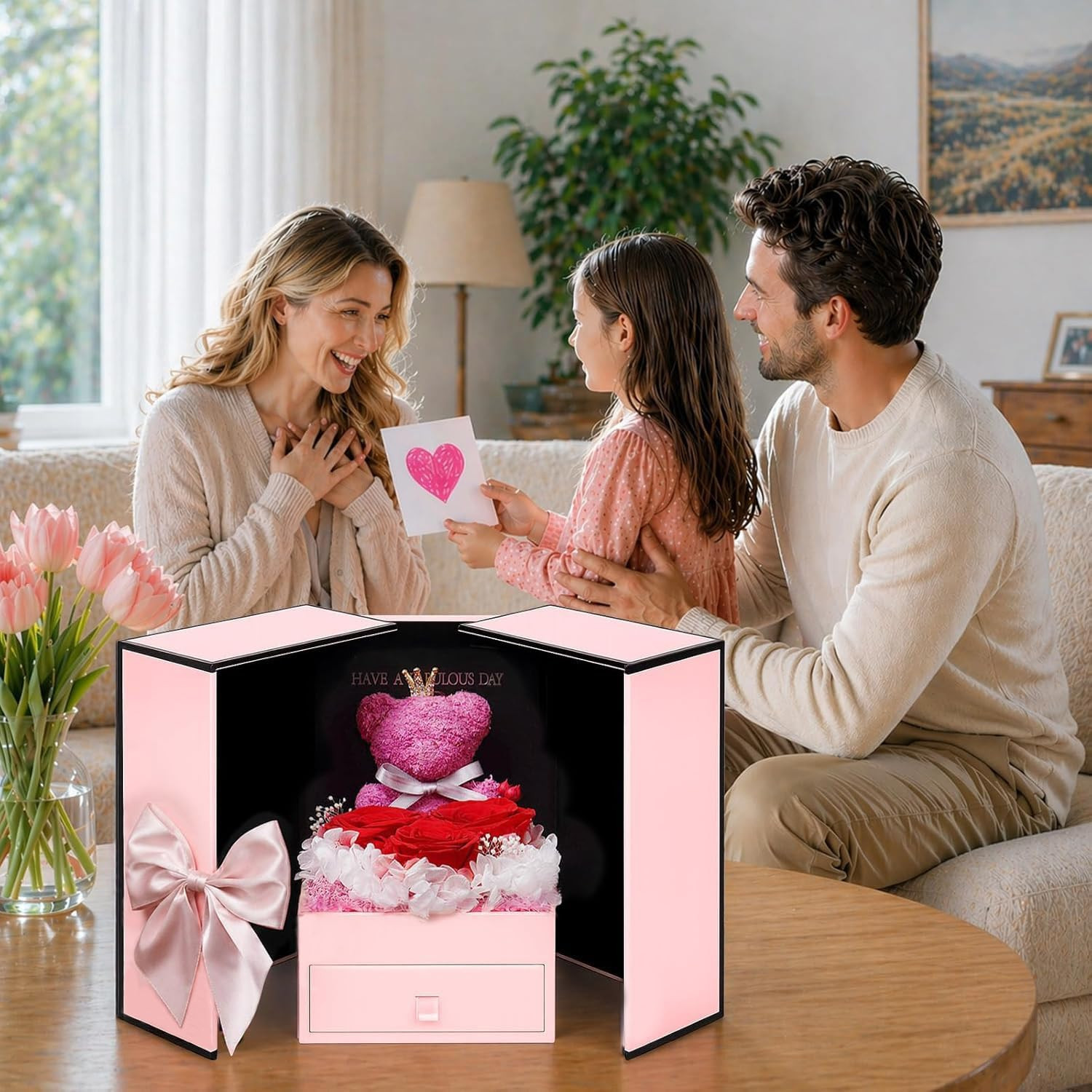 Gifts for Mom Mothers Day Birthday – Elegant Preserved Roses with Teddy Bear and