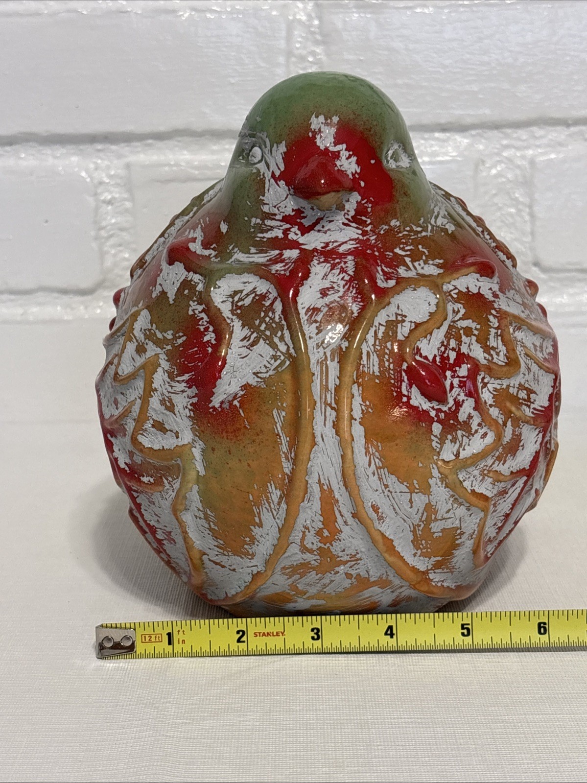 VINTAGE X-LARGE Ceramic Glazed Fat Bird Pottery Stoneware Green Red Orange Grey