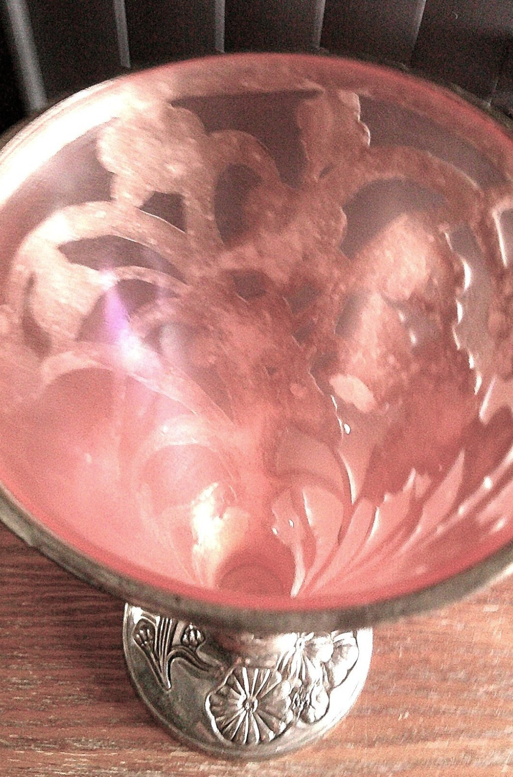 Silver-Plated 3D Floral Trumpet Vase, Frosted Peach Insert, Art Nouveau, 9-3/4″