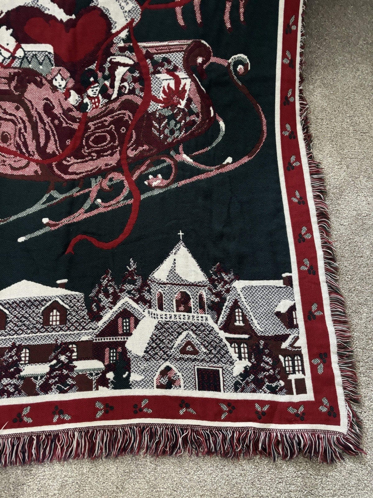 Vintage 90s Christmas Woven Tapestry Throw Blanket Santa Sleigh Reindeer 48×66