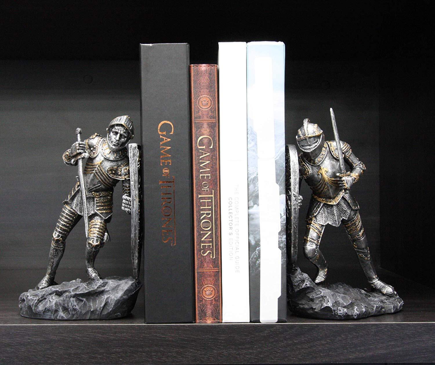 Dueling Medieval Crusader Knights W/ Coat Of Arms Heraldry Shields Bookends Set