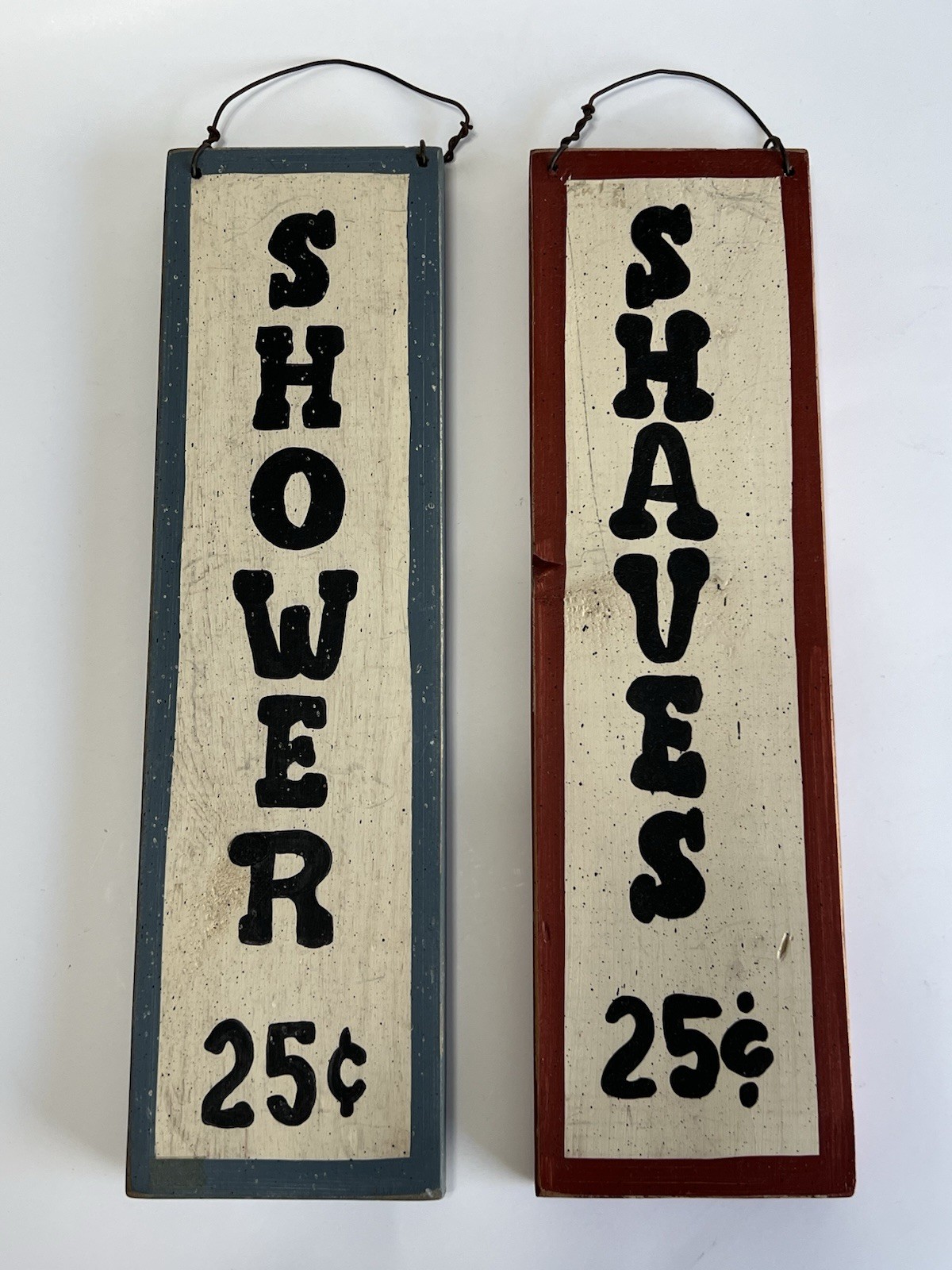 Set Of 2 Vintage Wooden “Shower & Shaves $.25”Signs. Hand Painted 14”. Signed