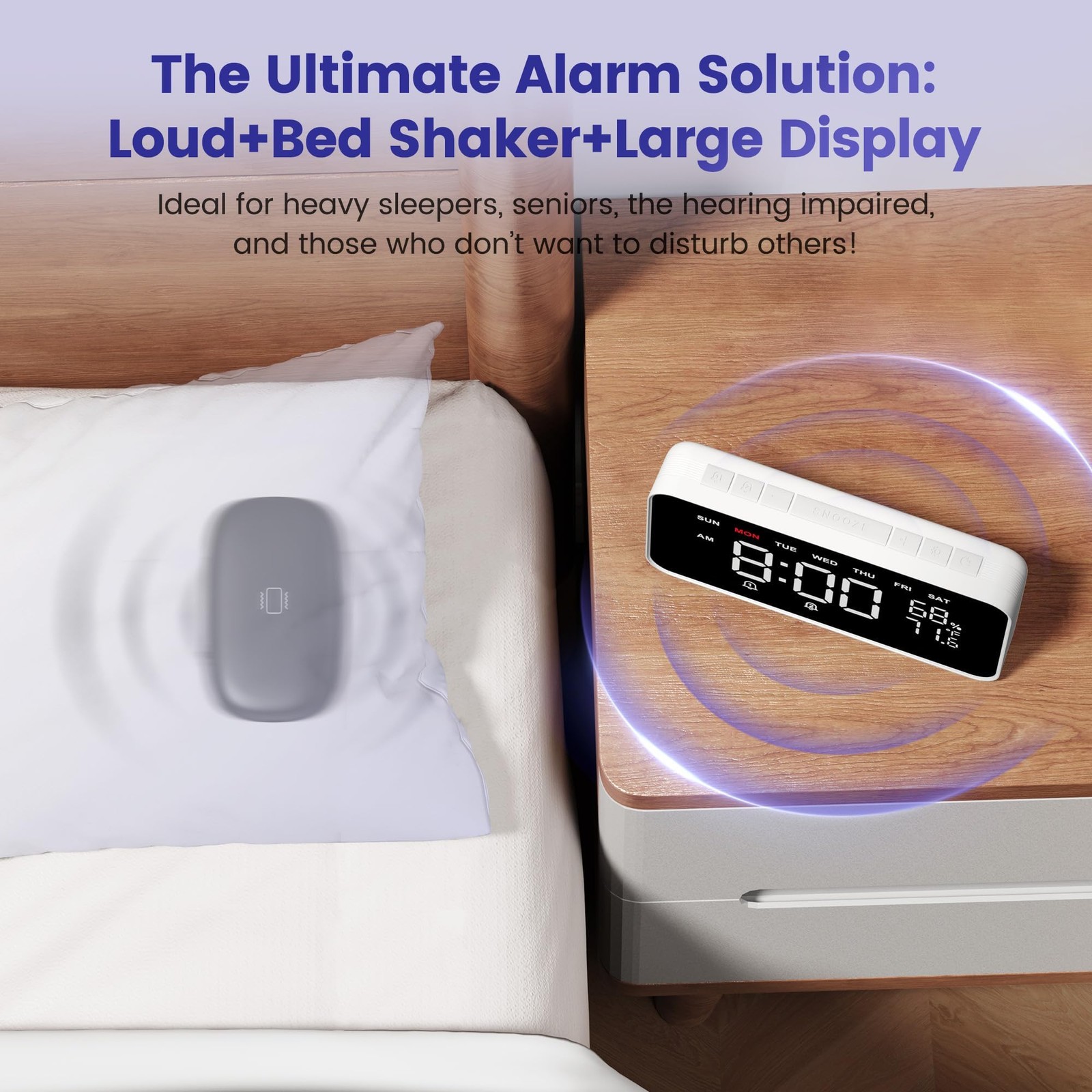 Bed Shaker Loud Alarm Clock for Heavy Sleepers Adults, Vibrating Dual Alarm C…