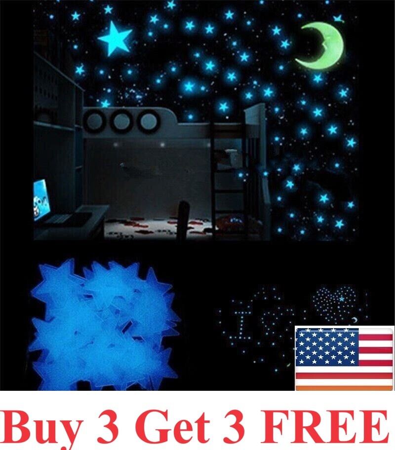 100 pcs Pack Glow In The Dark 3D Stars Moon Stickers Bedroom Wall Room Decor DIY