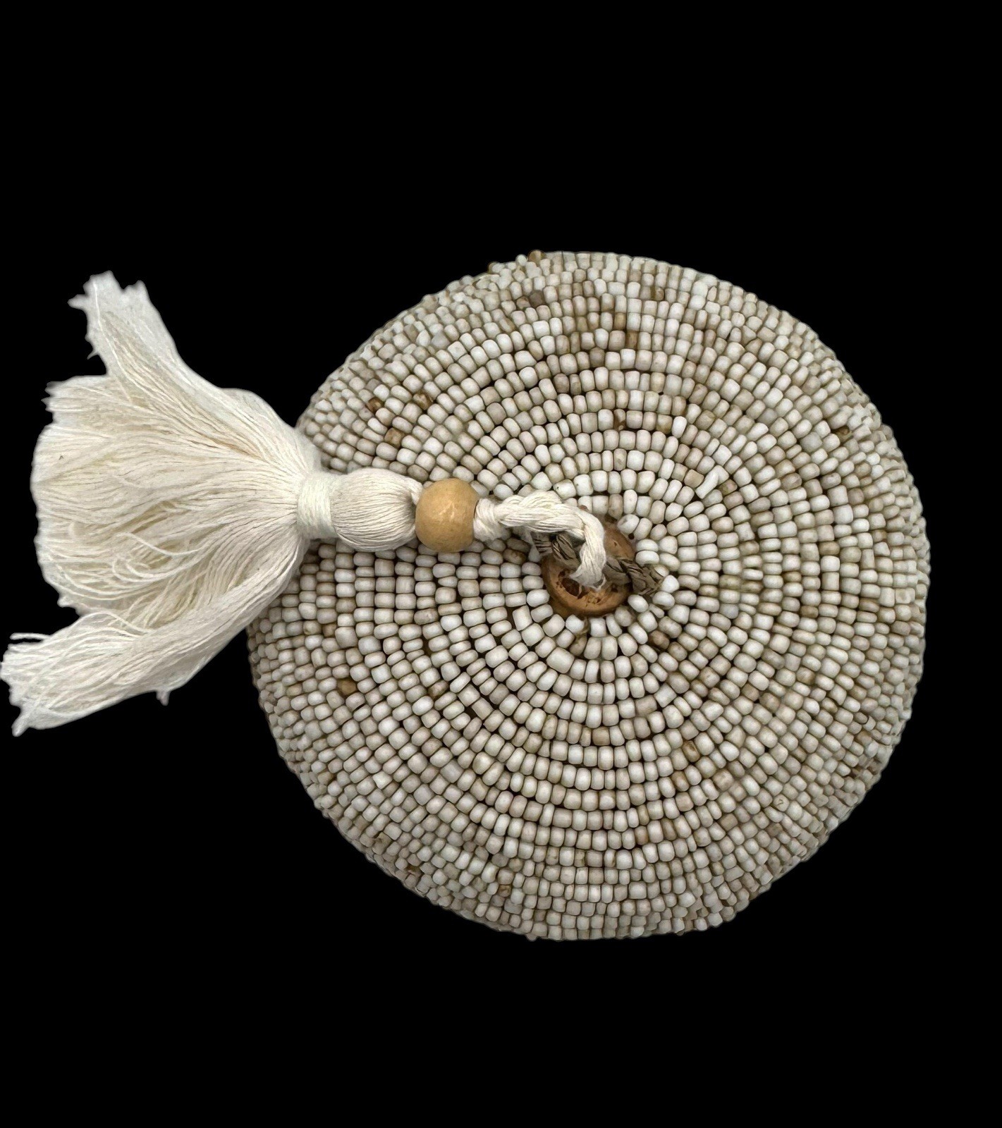 Balinese Handmade Beaded Bamboo Trinket Box Tassel Lidded White Natural Basket