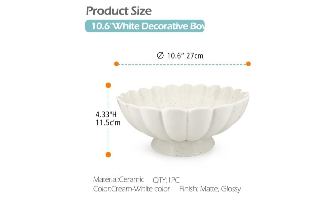 Accessoryway Large White Ceramic Footed Bowl-10.6″ Wide-NEW IN ORIG BOX