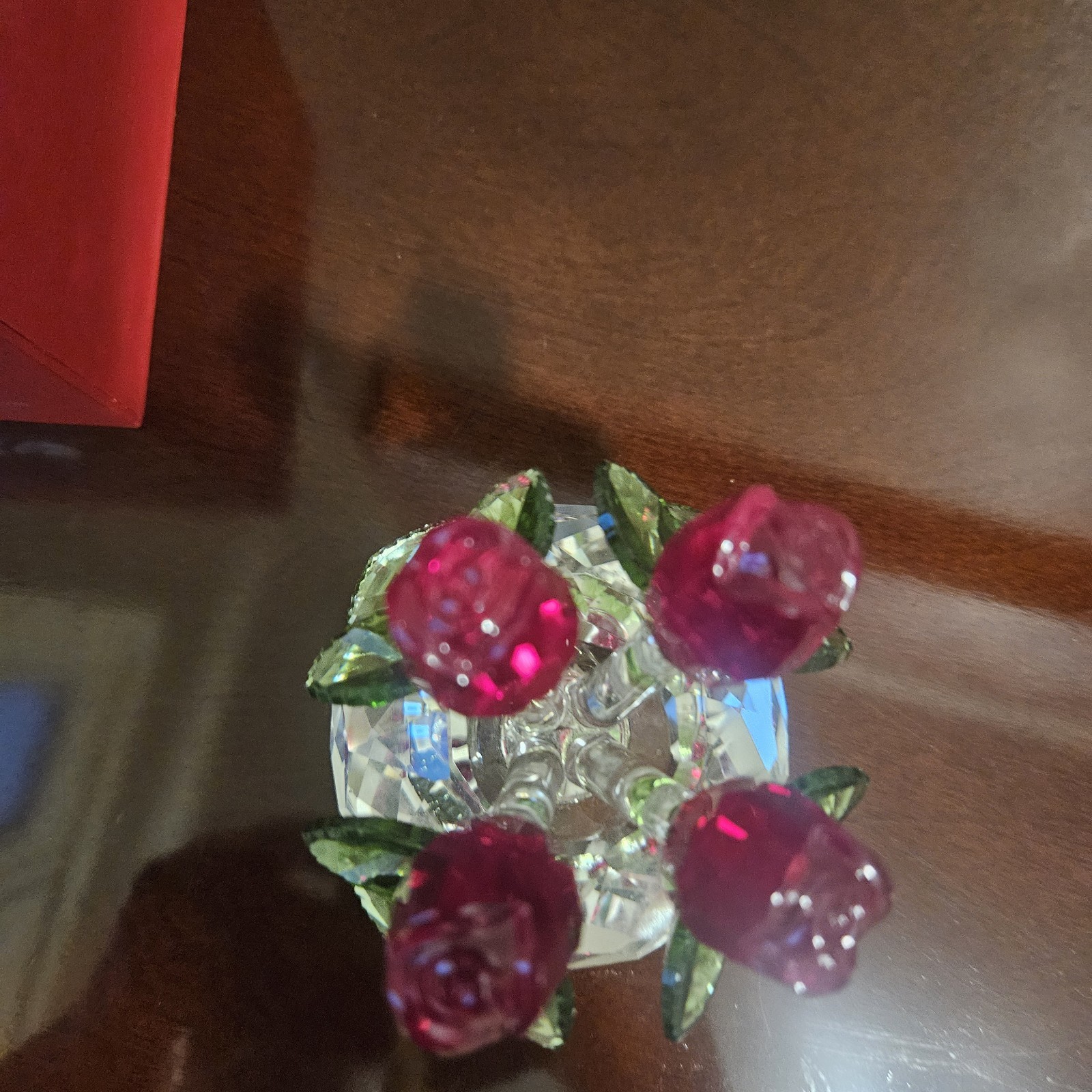 Crystal Red Rose Boquet Figurine H&D Hyaline Dora Free Standing In Box