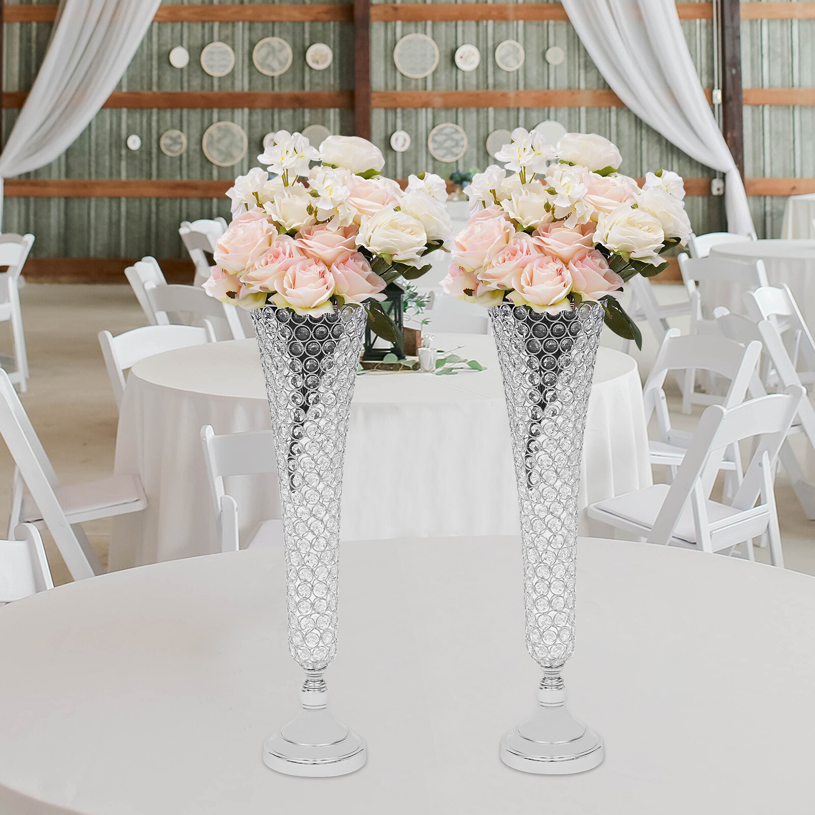 2 Pc Modern Crystal Trumpet Flower Silver Stand Crystal Vase For Wedding Decor