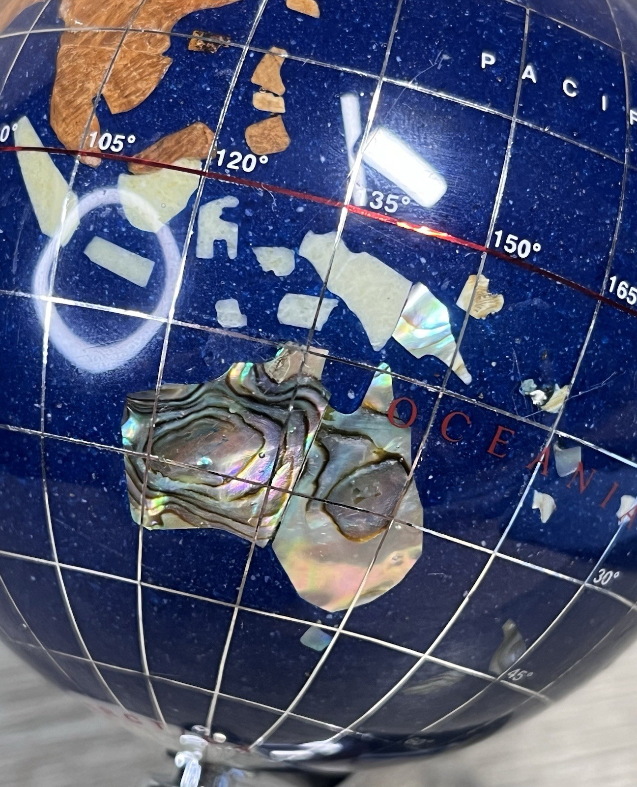 GEMSTONE MINI WORLD GLOBE Semi-Precious Inlay Chrome Stand 5.5″ Tabletop Decor