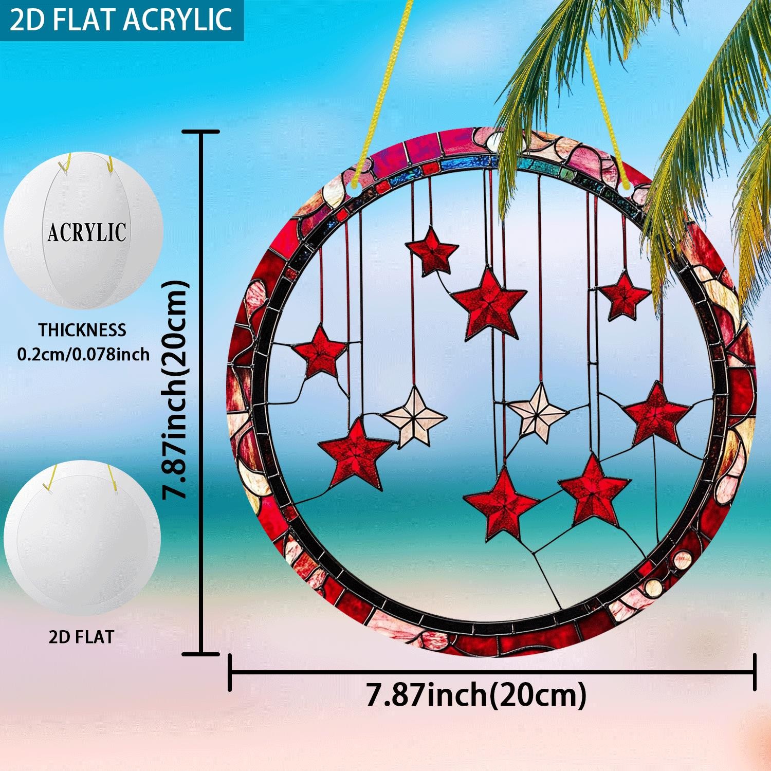 Hanging Red White Stars Round Acrylic Suncatcher Holiday Window Hanging Decor