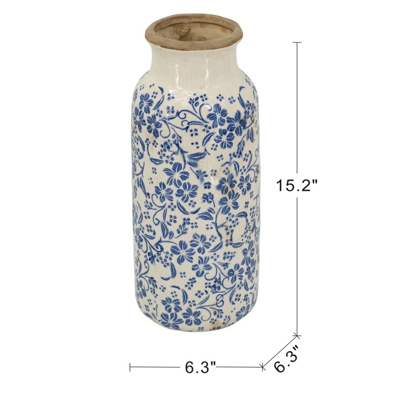 Flower Vase Bottle Desk Decor Blue Traditional Floral Motifs 6.3″x15.2″ Ceramic