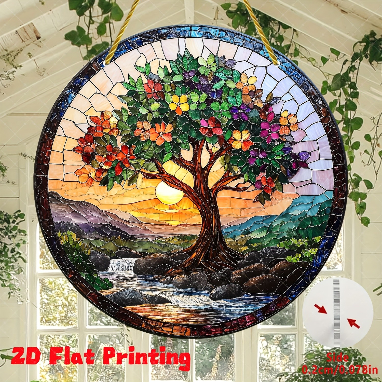 Tree of Life Landscape Round Acrylic Suncatcher Window Hanging Home Garden Decor