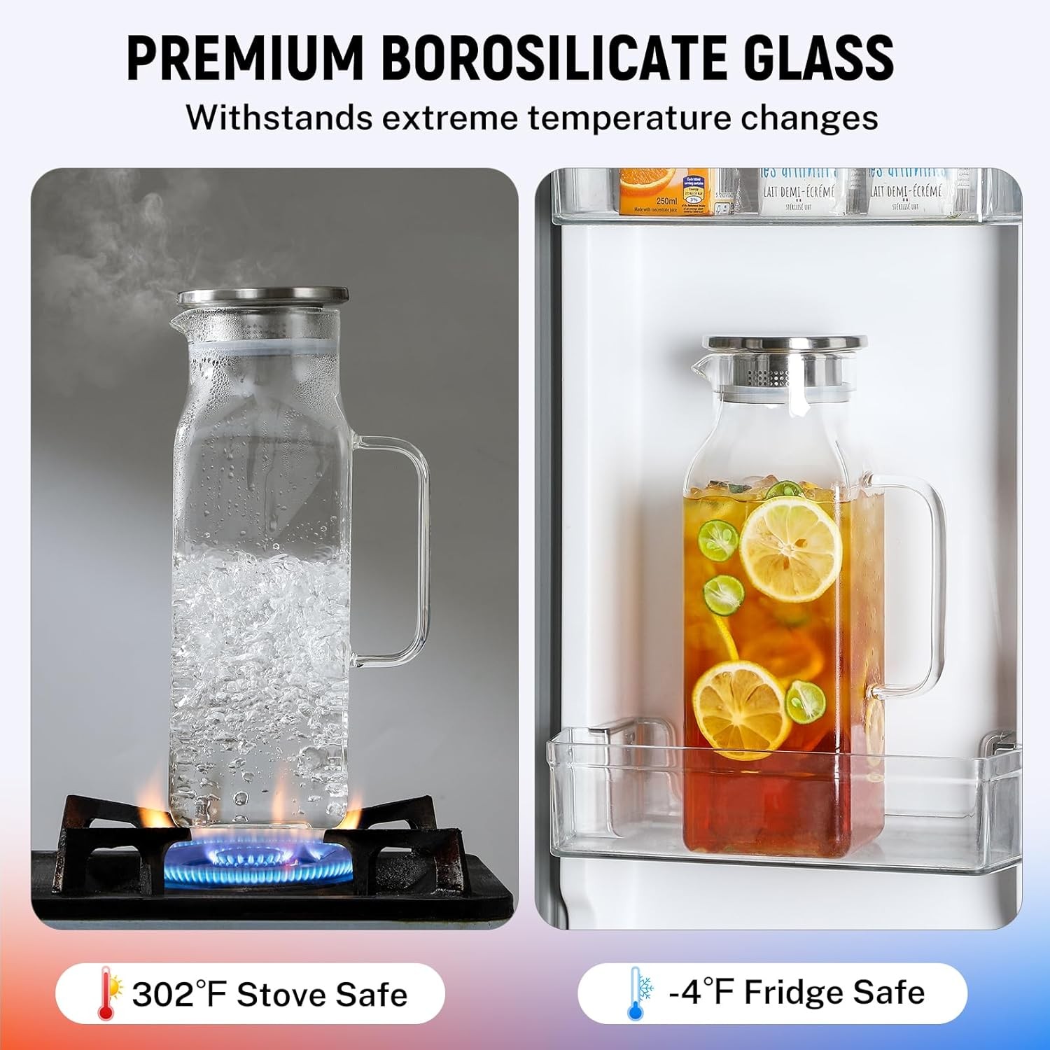 2 Quart (2 Liter 68 oz) Square Glass Pitcher with Lid and Spout, Water Pitchers