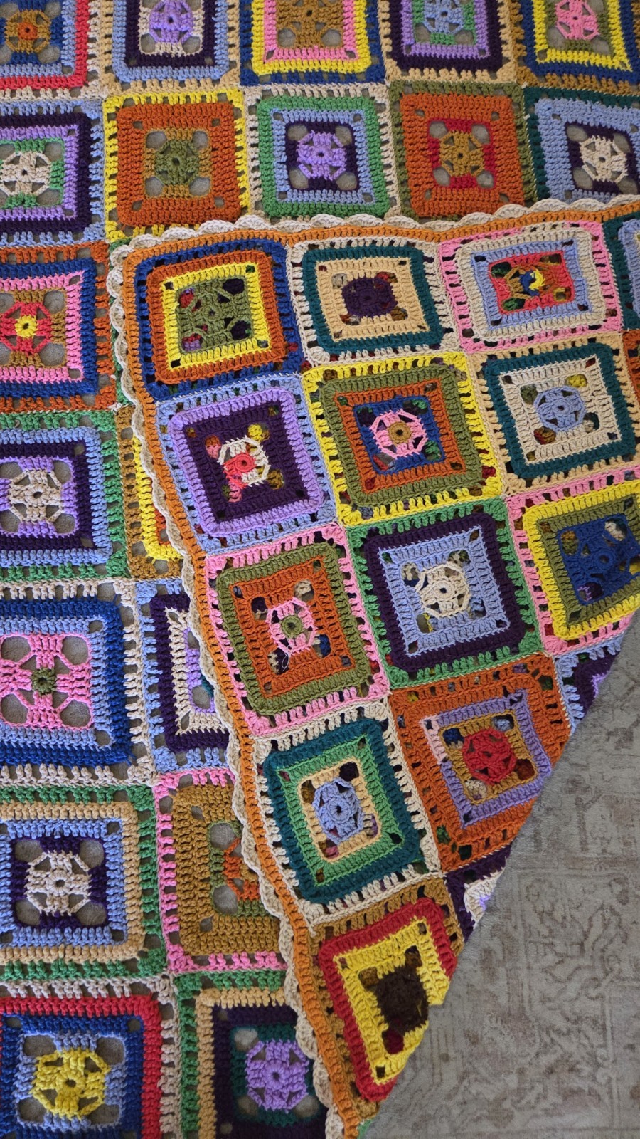 Vtg Colorful Granny Square Crochet Afghan Blanket Throw Roseanne Couch 94”X85”