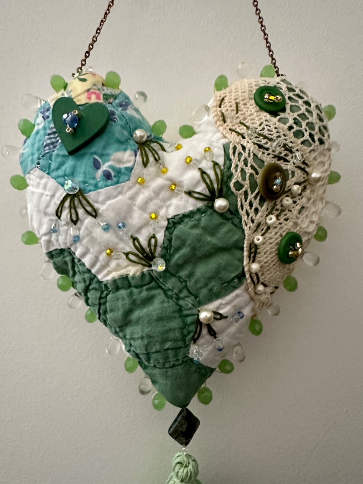 HANGING HEART beaded *HANDMADE* from antique quilt, hand embroidered, tassel