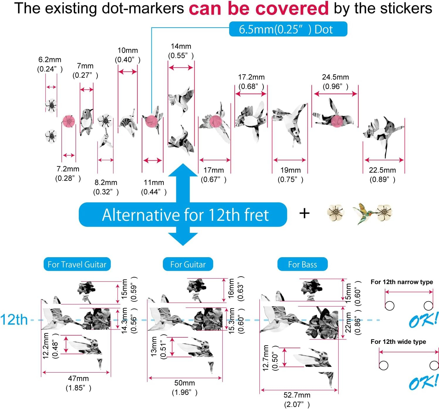 Inlaystickers Bee Hummingbirds – Fret Markers Inlay Stickers Decals for Guitars