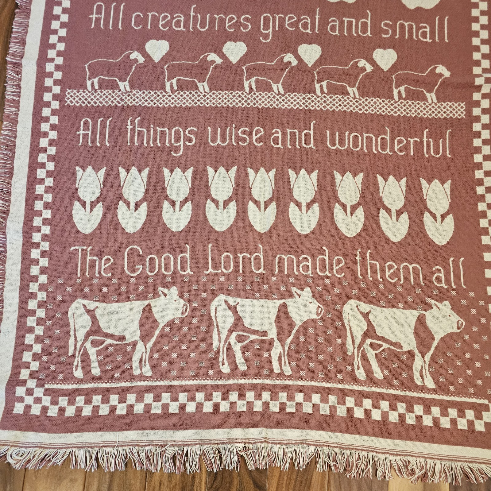 VTG Religious Farm Tapestry Fringed Throw Blanket Dusty Pink 80s Ducks Cows