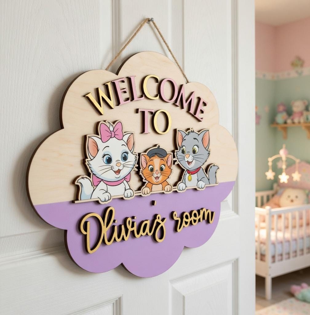 Personalized Cute Cat Name Sign Custom Kids Room Nursery Wooden Decor