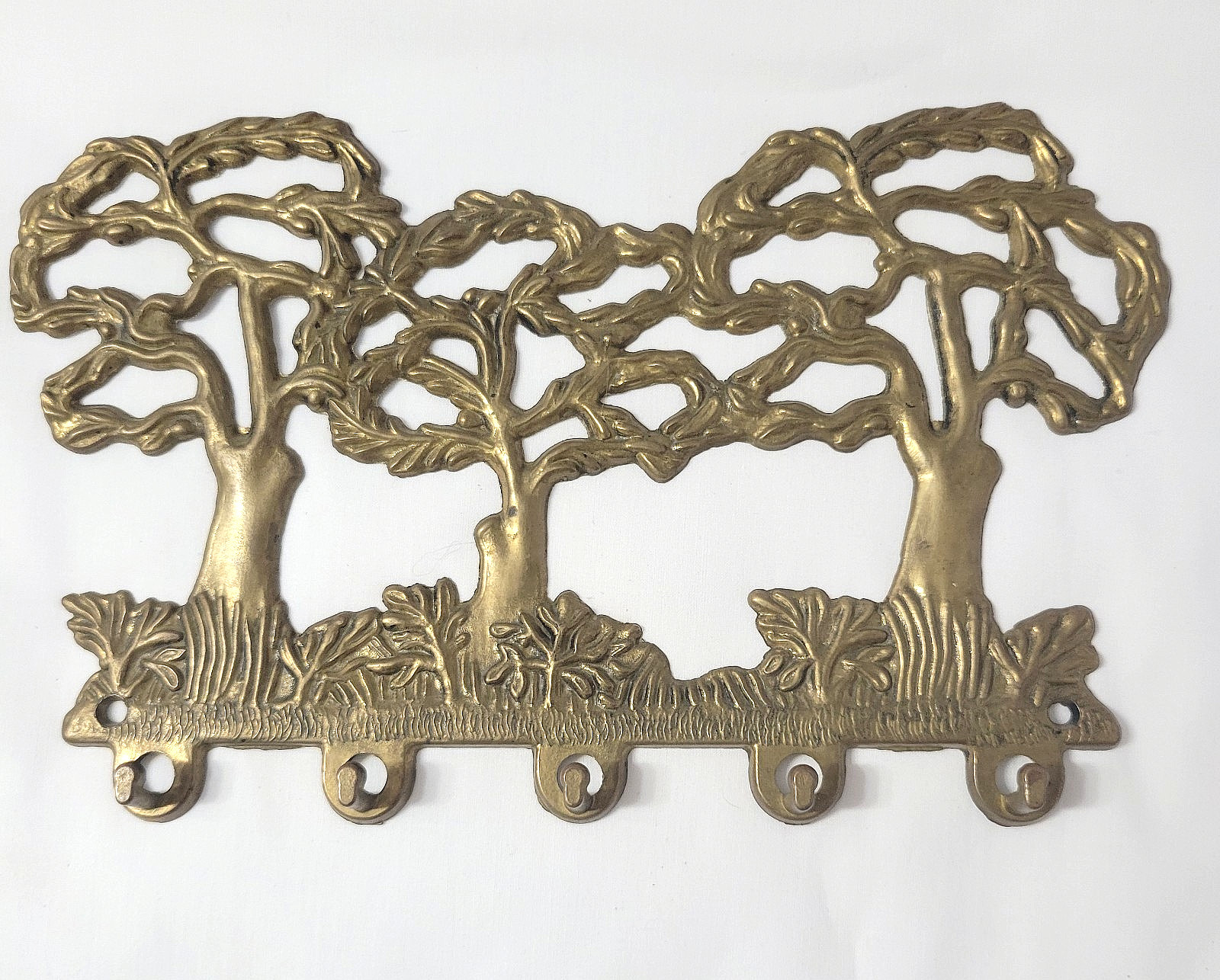 Vtg Brass Metal Bronze 3 Trees Design 5 Hooks Keys Wall Mount Rack 8.5″