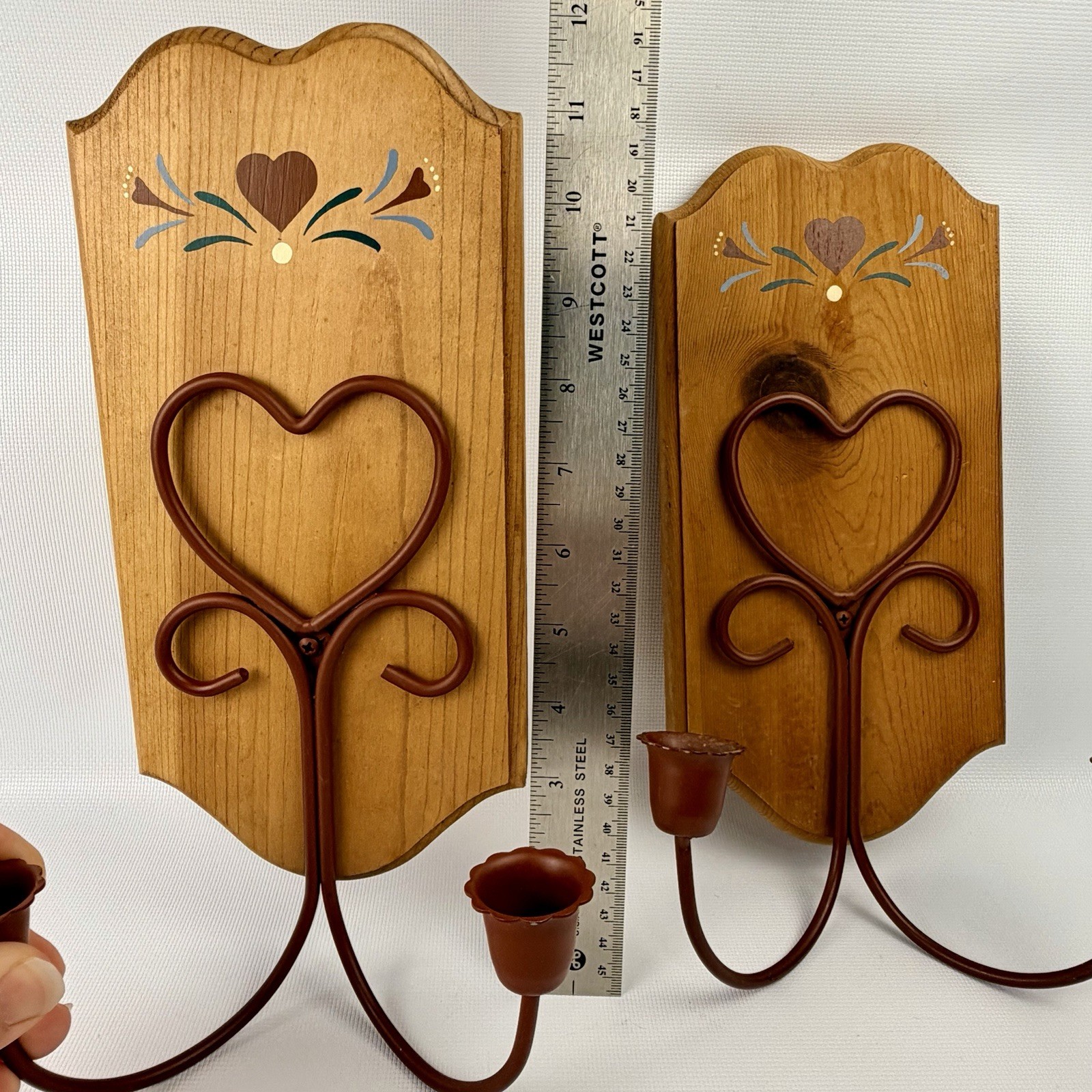 Vtg Wooden Cat Heart Shape Wall Candle Lot Decor Country Granny Cottage Core