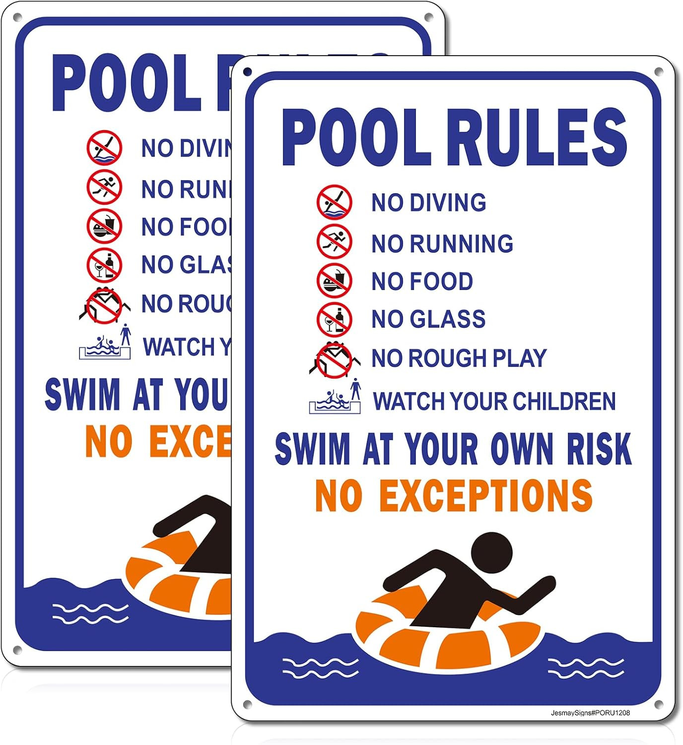 Pool Rules Sign, No Diving Sign,Swim 12x8Inches, Blue-2Pack-12"x8"