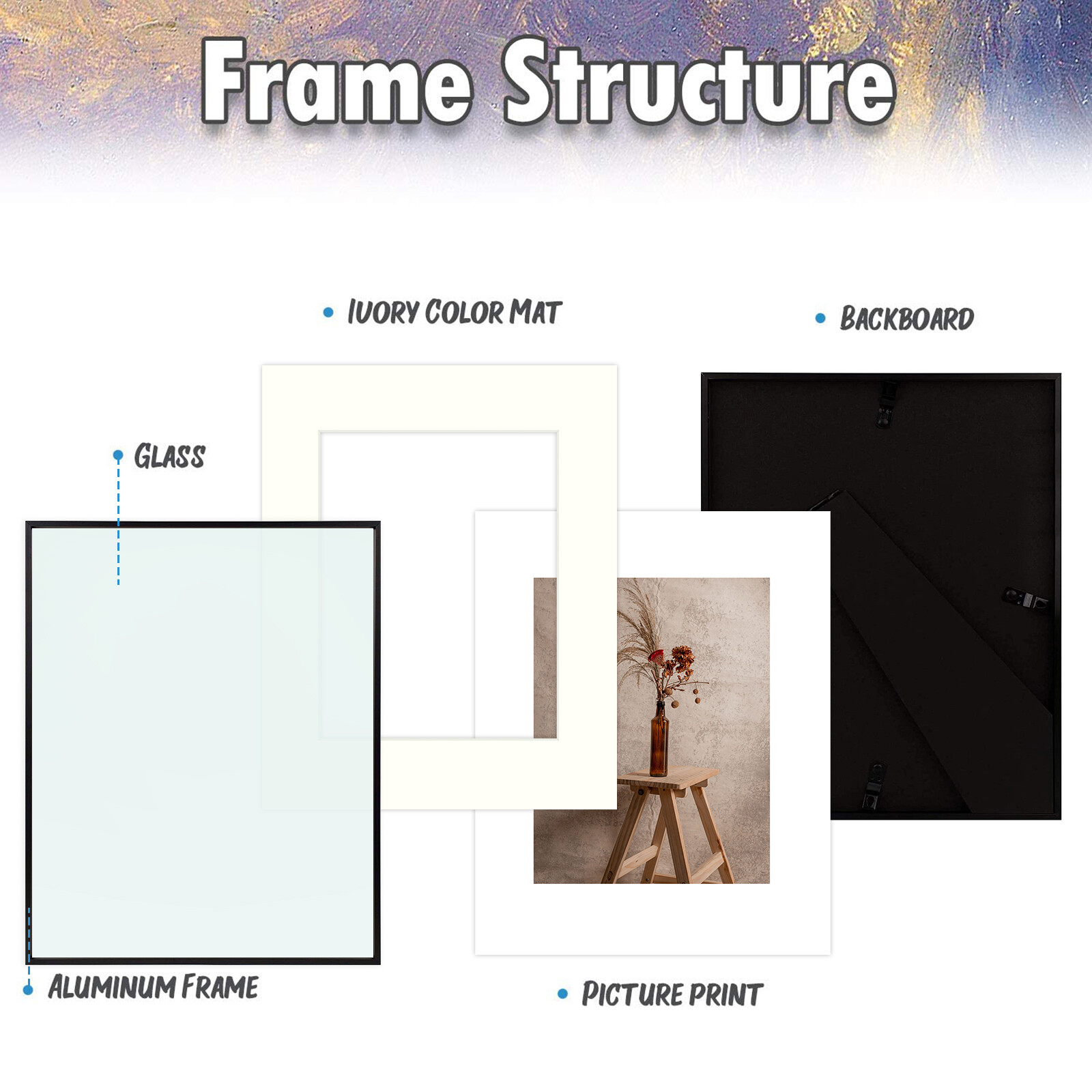 2 Pack Aluminum Picture Frame Real Glass Ivory Mat Horizontal and Vertical