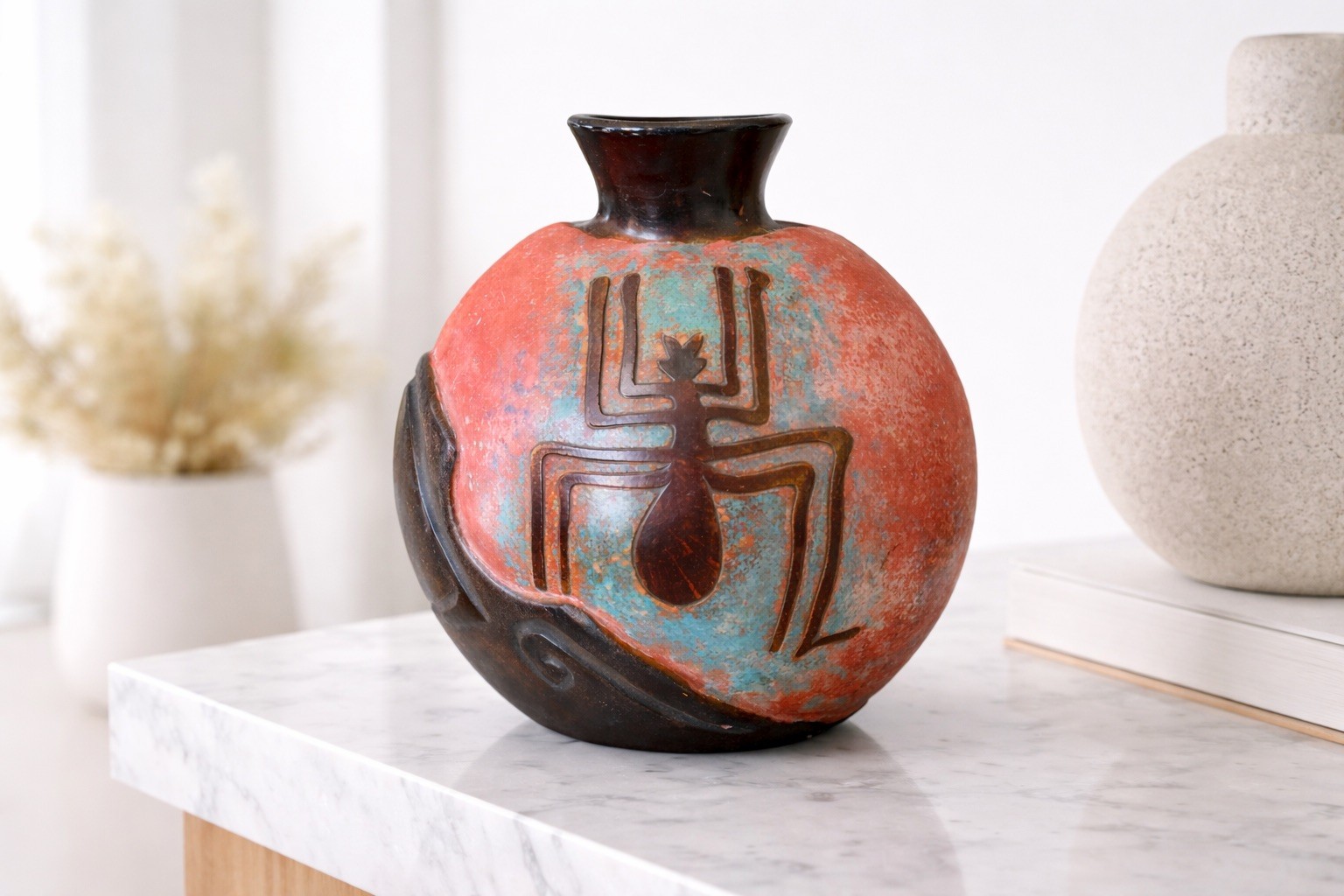 Vintage Chulucanas Peru Pottery Vase 8” Tribal Spider Hand Carved Art Decor
