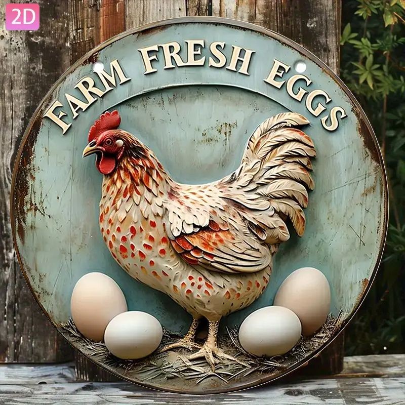 Farm Fresh Eggs Metal Sign Round Vintage Hen Chicken Farmhouse Wall Decoration