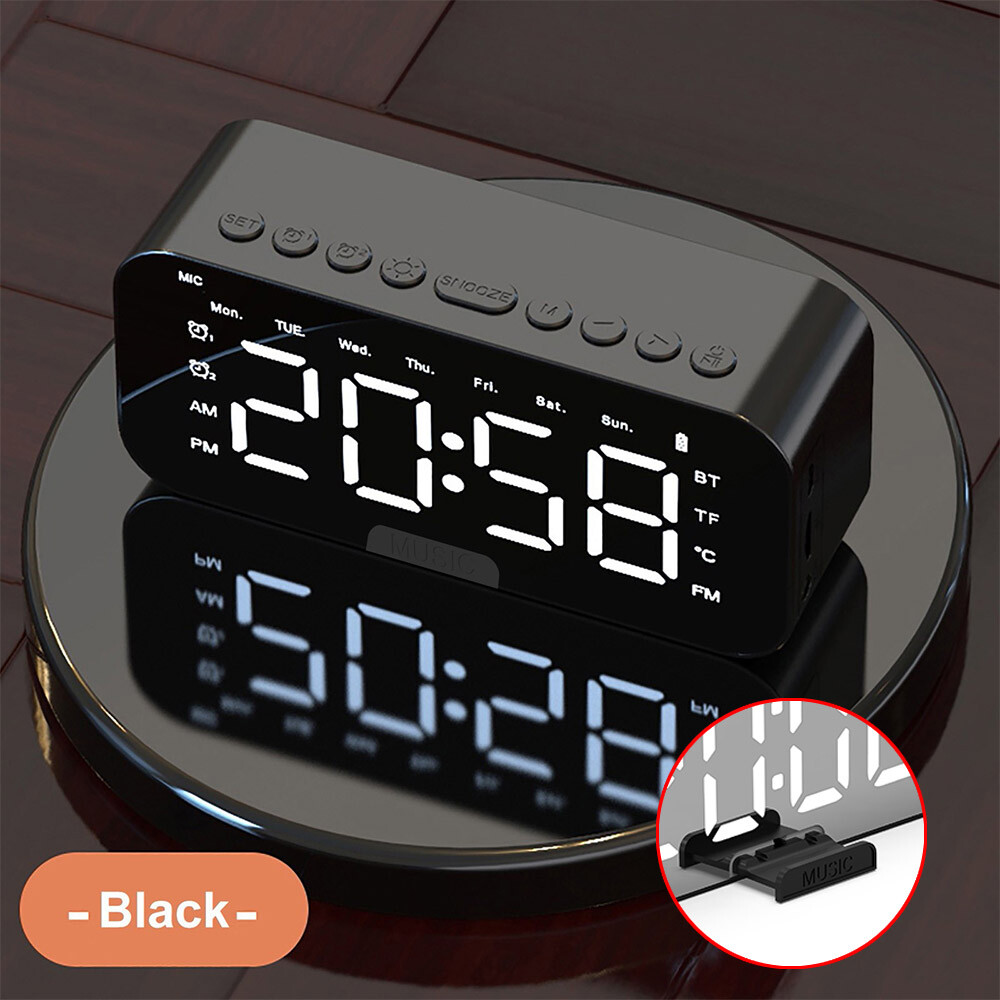 Portable Digital Alarm Clock FM Radio Wireless Bluetooth Mirror LED With Speaker