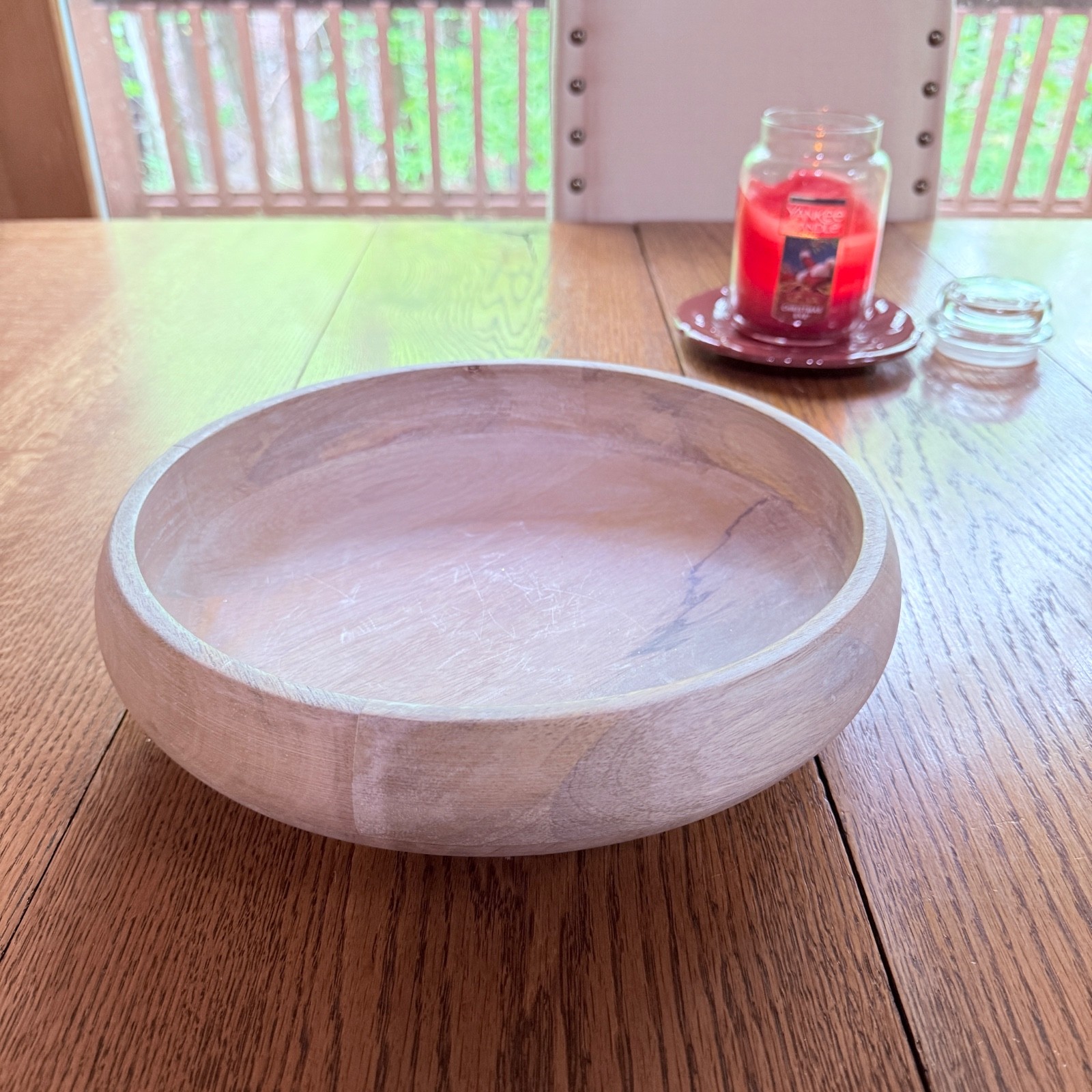 Rustic Paulownia Wood Bowl in a Washed White Finish. Centerpiece Faux Fruit Keys