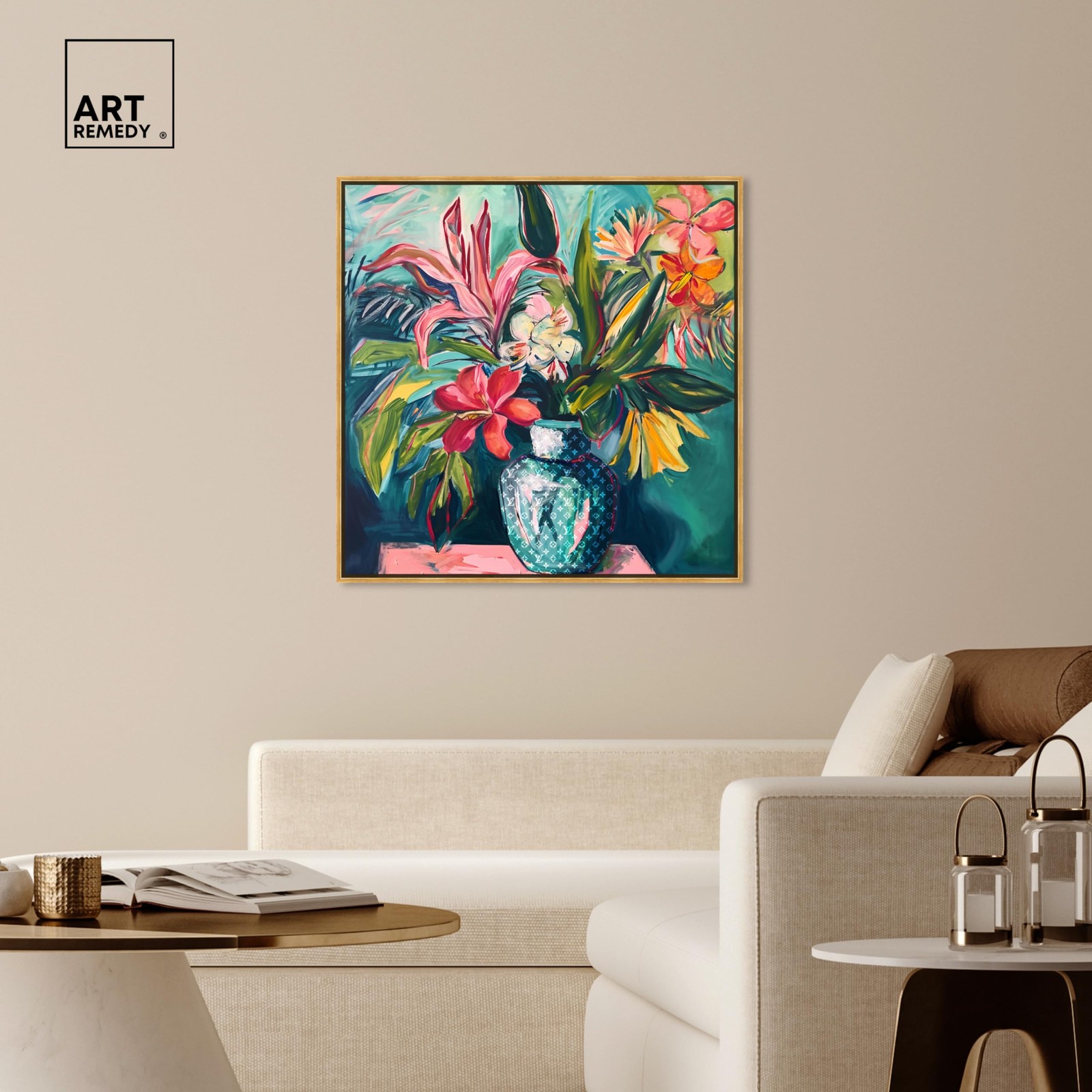 Vase Of Tropical Flowers Framed Flowers In Vase Paintings, 41.5″ x 41.5″, Gol…