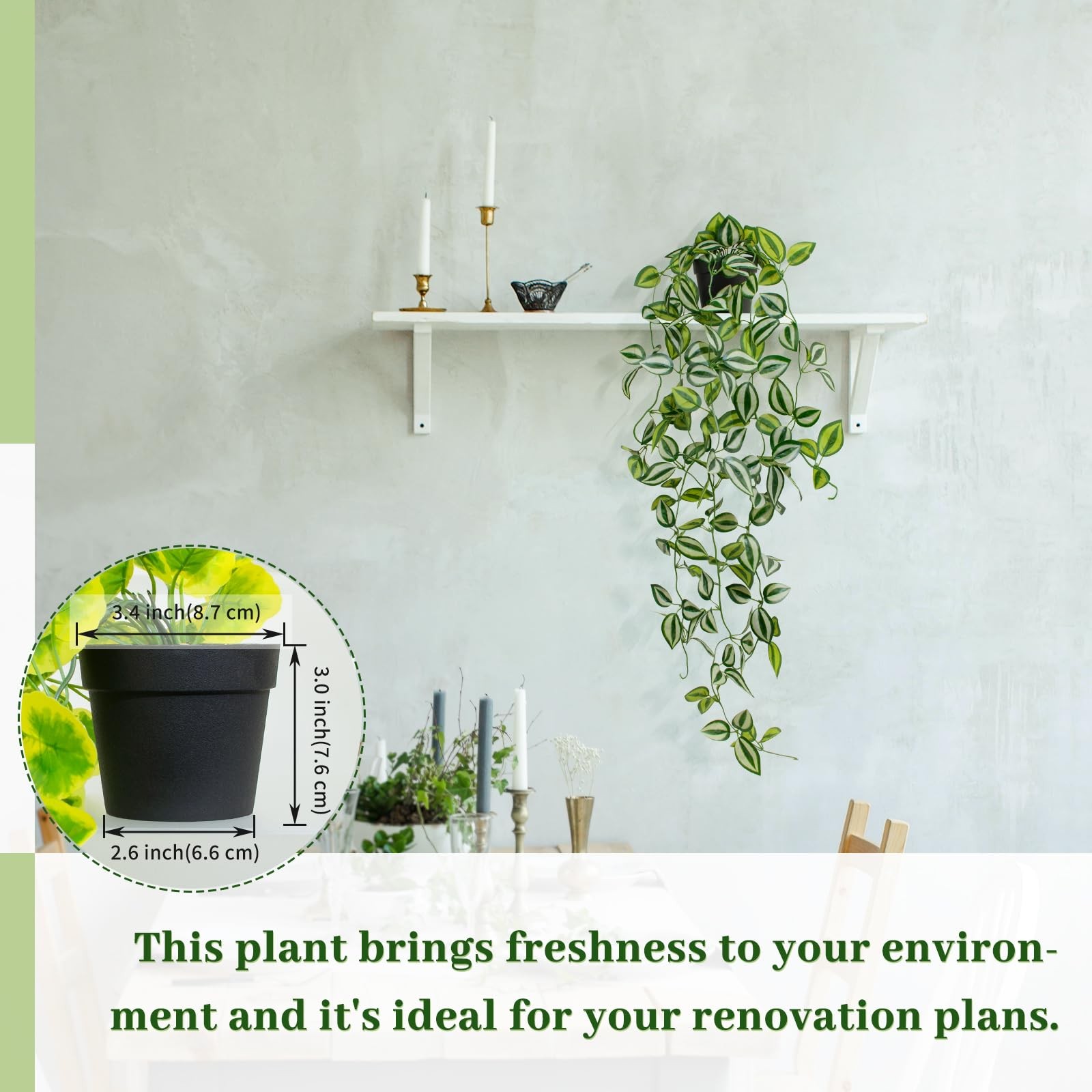 39-in Artificial Hanging Plant, Black Pot, Fake Green Eyebrow Leaf, Trailing
