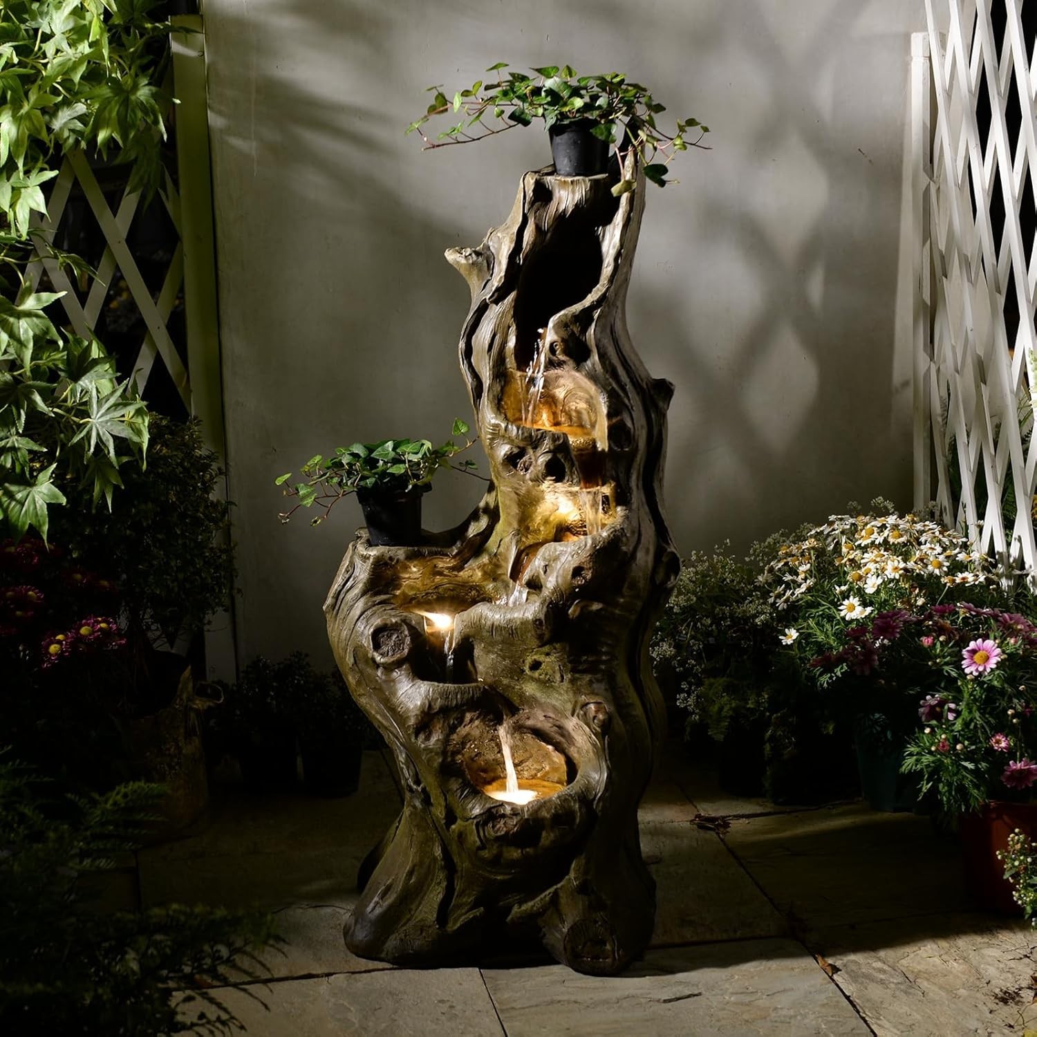 Water Fountain Outdoor 5-Tiers Large Cascading Realistic Tree Trunk Natural Wate