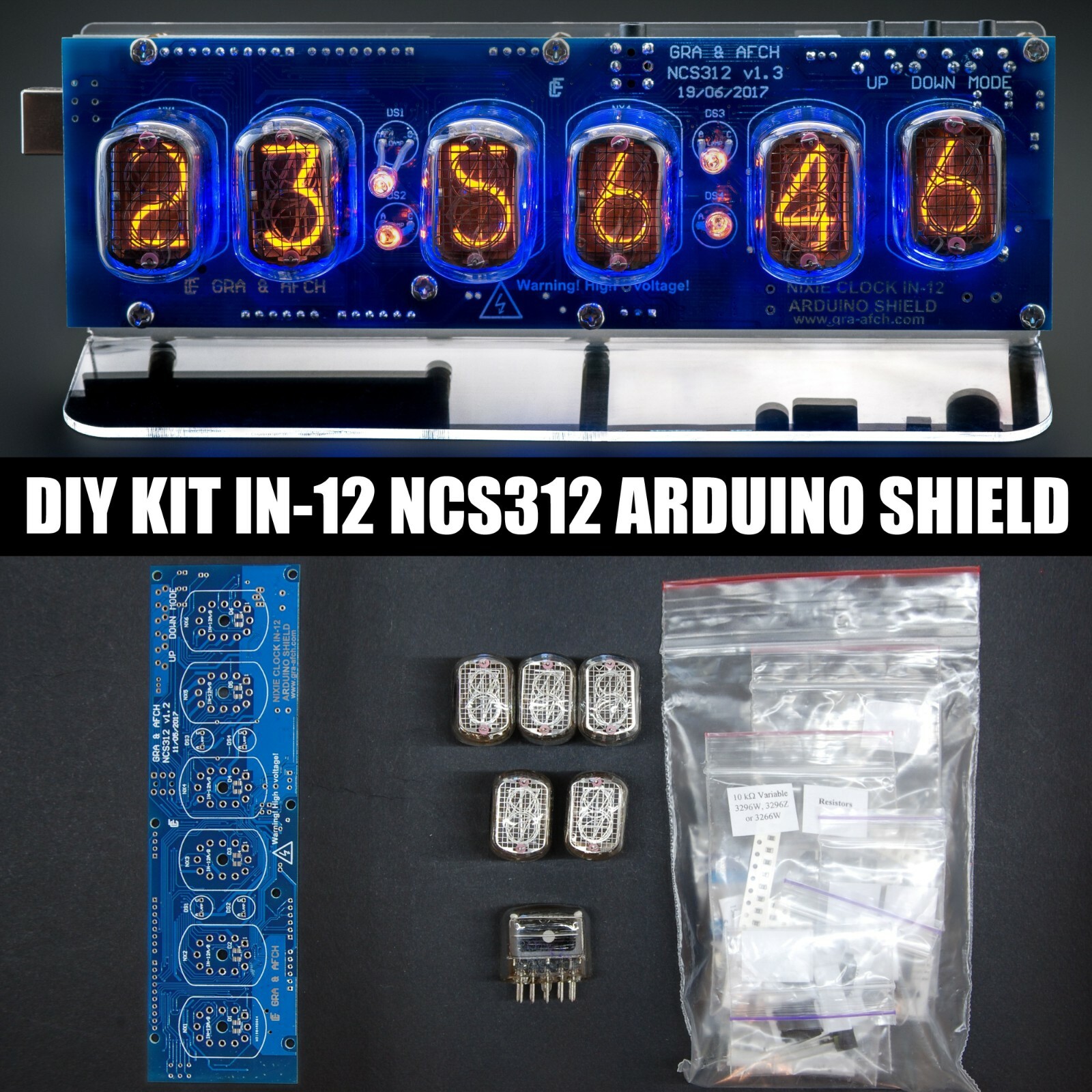 DIY KIT Nixie Tubes Clock IN-12 Arduino Shield NCS312 [WITH OPTIONS] 12/24H GPS