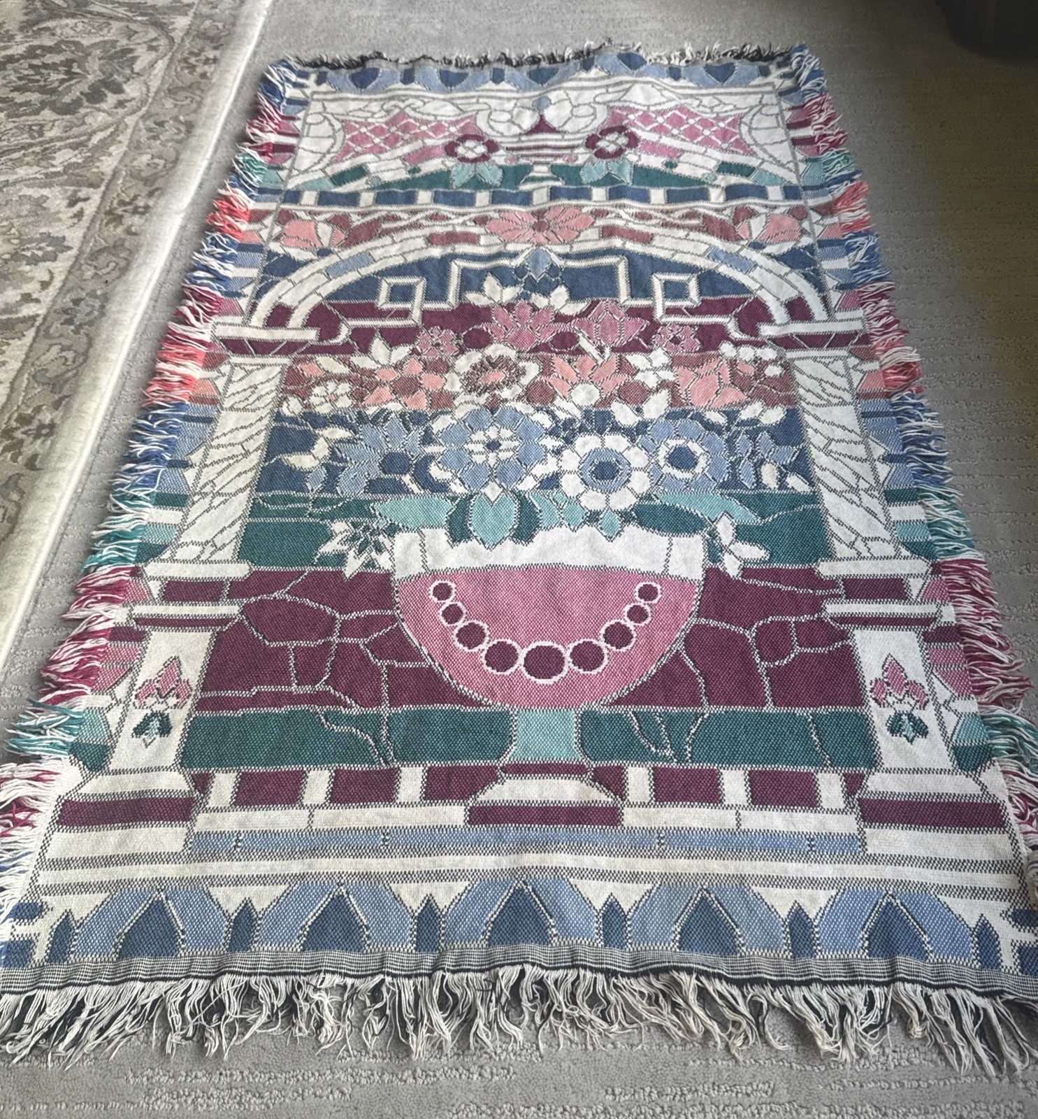 VTG Floral Stained Glass Tapestry Woven Throw Fringe 2ft X 3ft 8 Inches